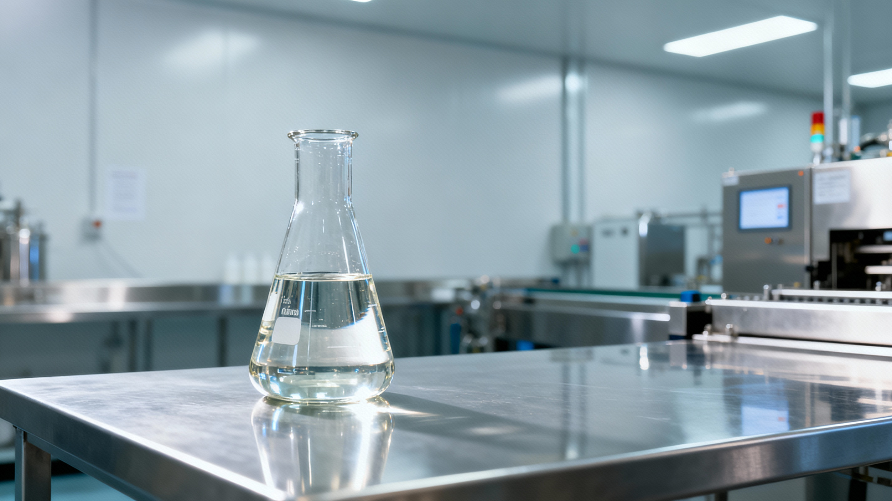 A lab beaker holds clear, high-purity pure gum spirit turpentine for use in adhesive manufacturing.